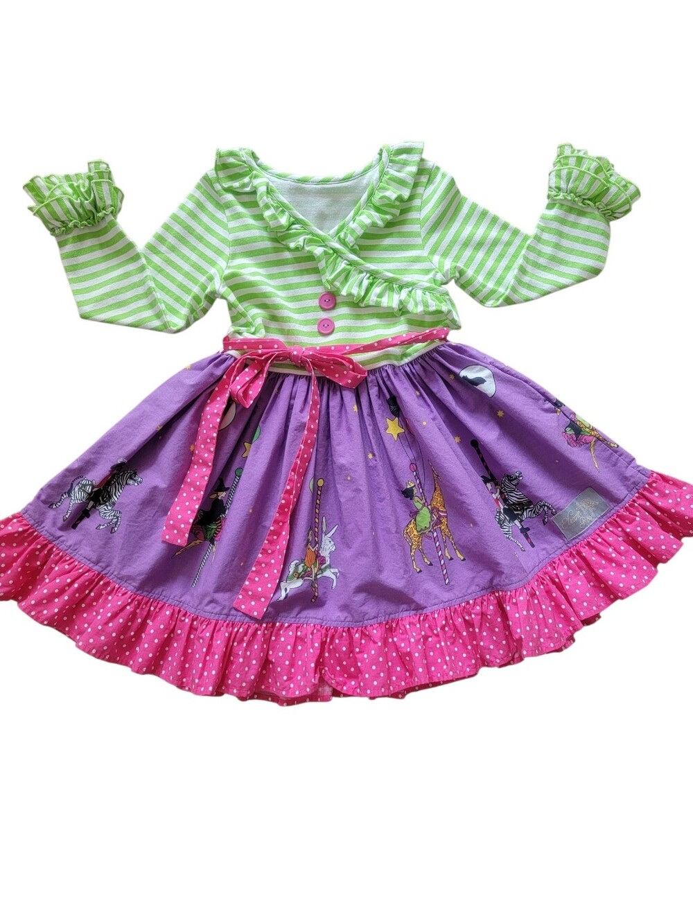 Eleanor Rose Girls Carousel Cotton Striped Ruffle Dress Purple Green Size 5/6